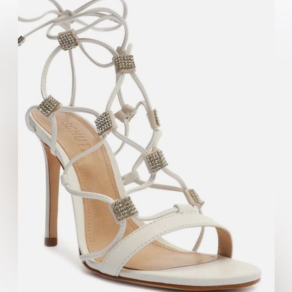 Schutz Kallie Nappa 8B White Leather Strappy 3'' Rhinestone Lace Up Heel's - Picture 3 of 10